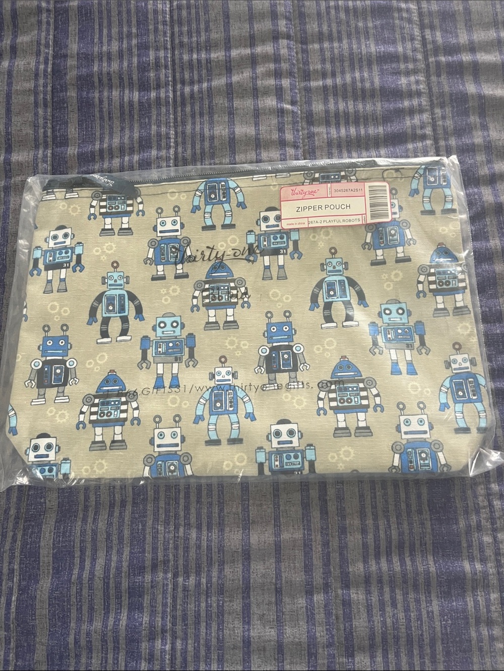 thirty-one Playful Robots Zipper Pouch in Beige and Blue